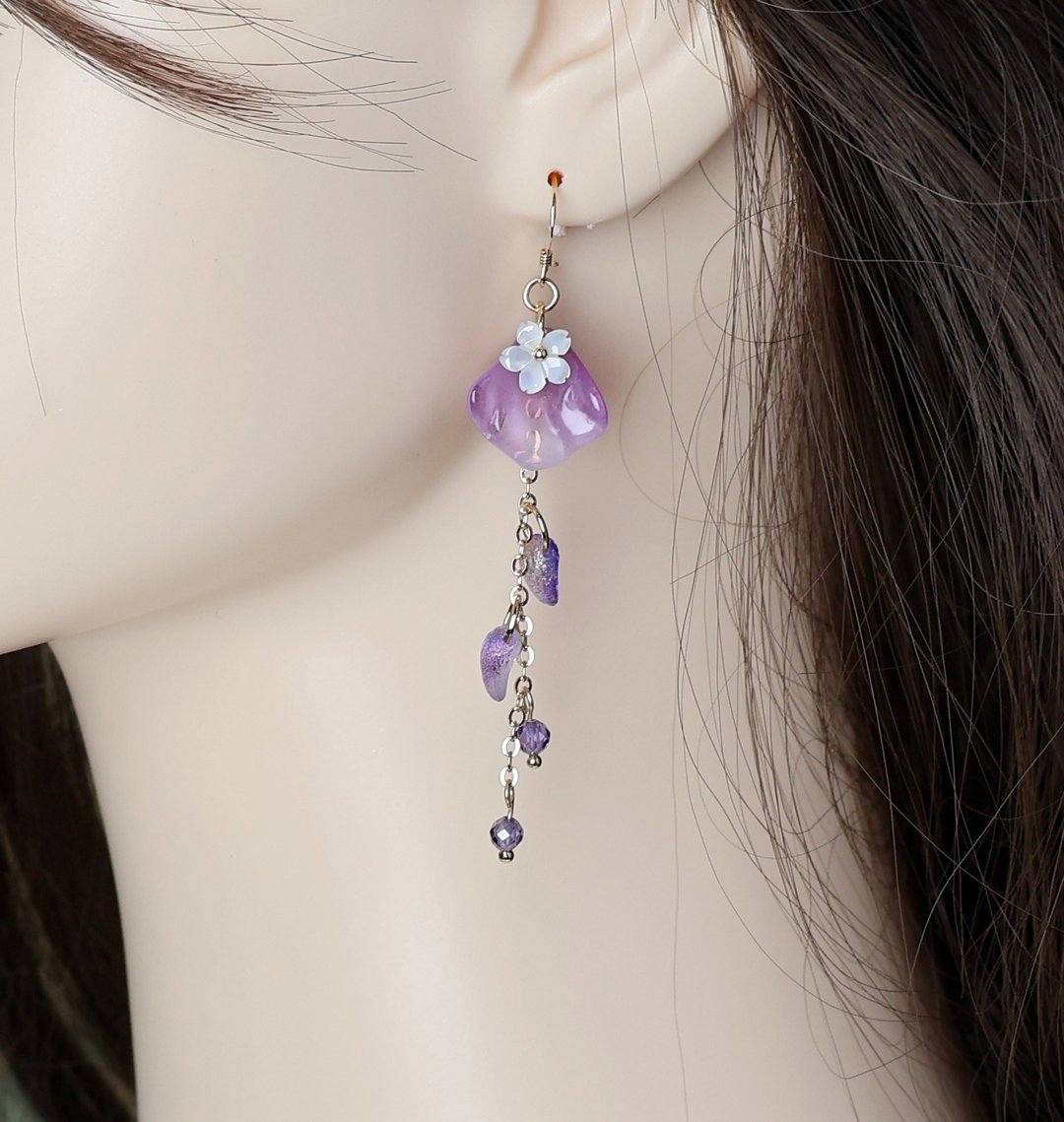 紫藤花琉璃耳环/美国 14K 包金防敏耳勾/耳夹 - 耳环/耳夹 - 贝壳 紫色