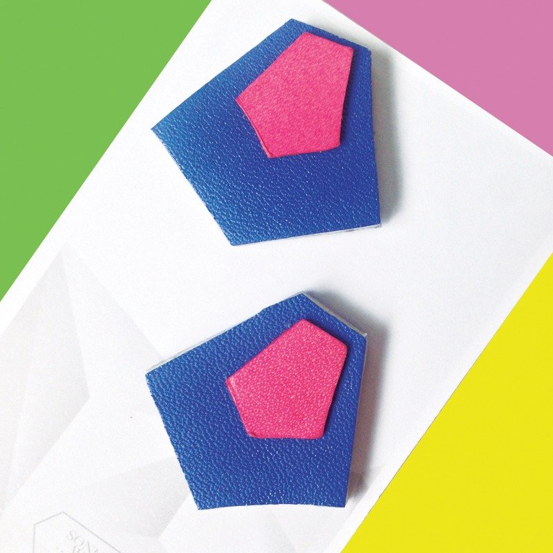 几何皮革耳环 (925纯银耳托) - 耳环/耳夹 - 真皮 蓝色