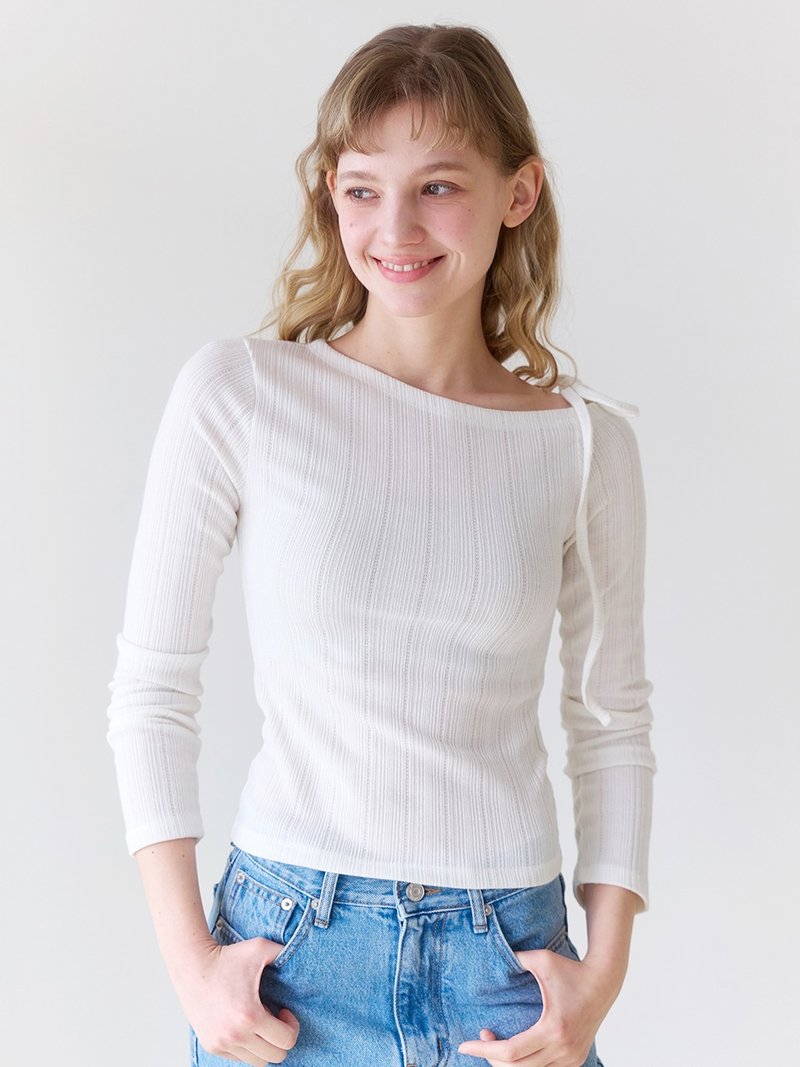 缎带削肩长袖T恤_ 象牙白 - 女装 T 恤 - 棉．麻 白色