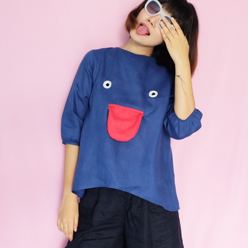 不给糖就捣蛋 - 蓝色亚麻上衣 (Trick or Treat Top) - 女装上衣 - 棉．麻 蓝色
