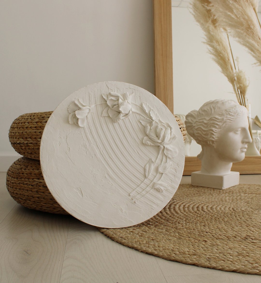 White roses 3d painting, textured wall art, minimalist floral painting - 墙贴/壁贴 - 其他材质 