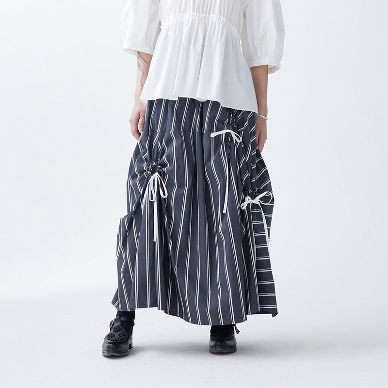 不对称抽绳长裙 - 裙子 - 棉．麻 灰色