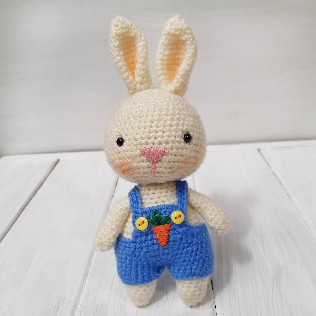 Hand Crochet Milky Bunny In A Blue Overalls Handmade Gift Stuffed Toys Knit Doll - 玩具/玩偶 - 压克力 蓝色