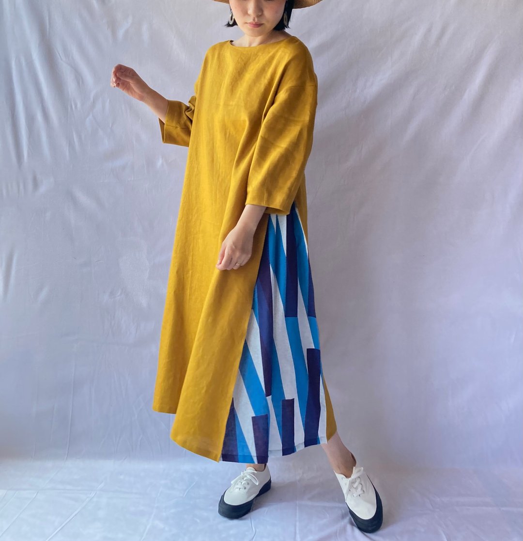 linen combination dress　topaz yellow/random stripe(blue) - 洋装/连衣裙 - 棉 黄色