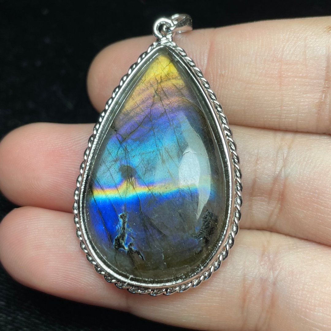 彩色拉长石Labradorite 纯银麻花厚银包镶 台湾手工制作 SB32 - 项链 - 半宝石 蓝色