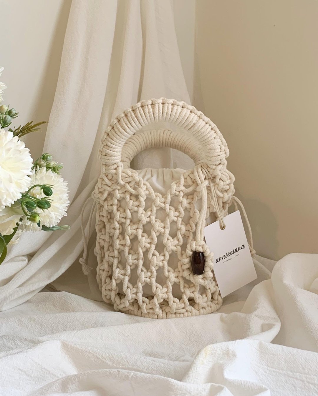 Macrame 手工 法式 优雅 编织 手提包 l 附内里袋 - 手提包/手提袋 - 棉 白色