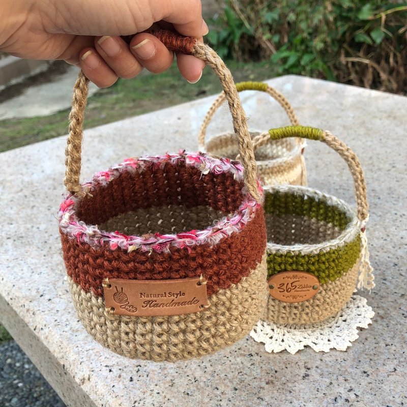 鈎织工艺。亚麻风双色手提篮 - 收纳用品 - 棉．麻 卡其色