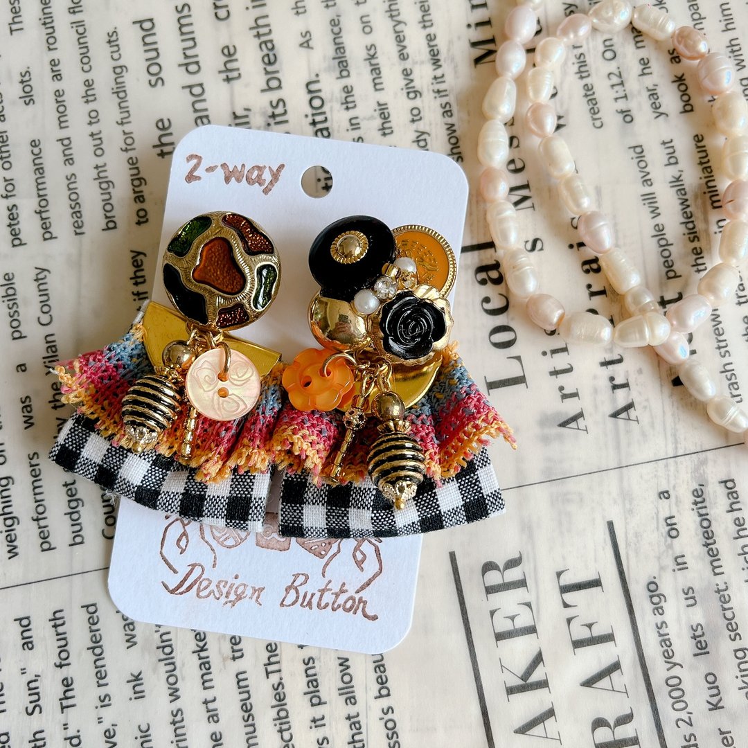 wow Handmade-蜂蜜烤布蕾 缎带 2way钮扣耳环 - 耳环/耳夹 - 其他材质 