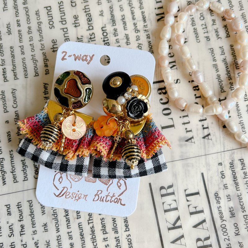 wow Handmade-蜂蜜烤布蕾 缎带 2way钮扣耳环 - 耳环/耳夹 - 其他材质 