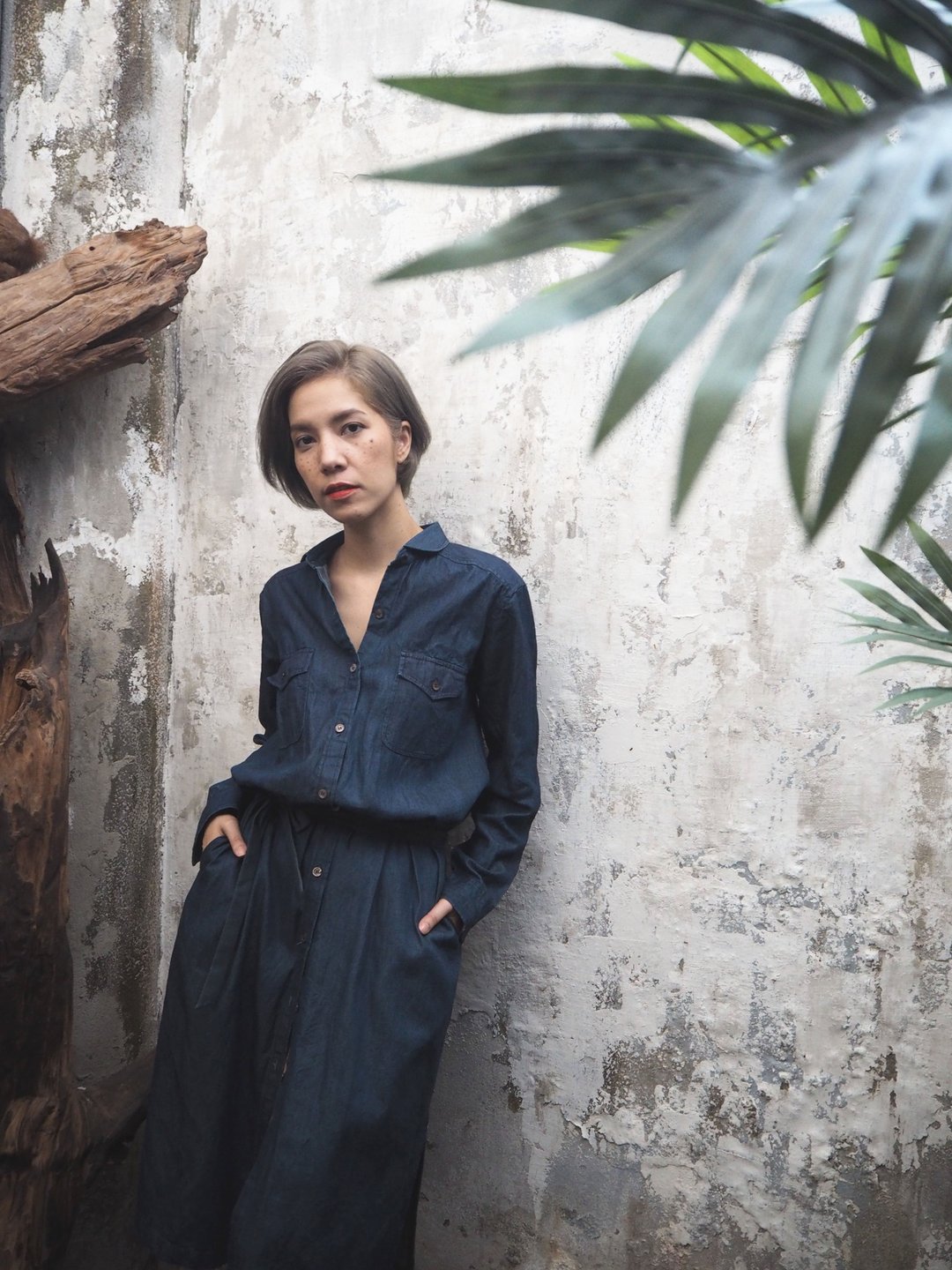 lightweight denim dress, straight silhouette dress with strap, side pocket - 洋装/连衣裙 - 棉 蓝色