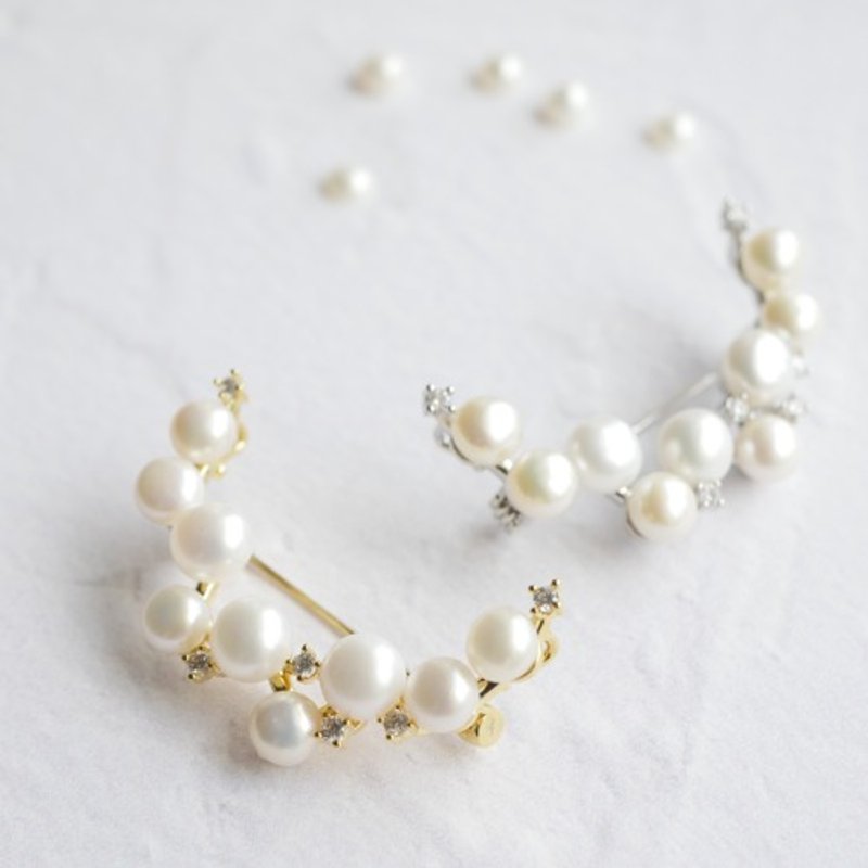 淡水珍珠月亮胸针 金色/银色 适用于毕业典礼、入学典礼 弯月 - 胸针 - 宝石 