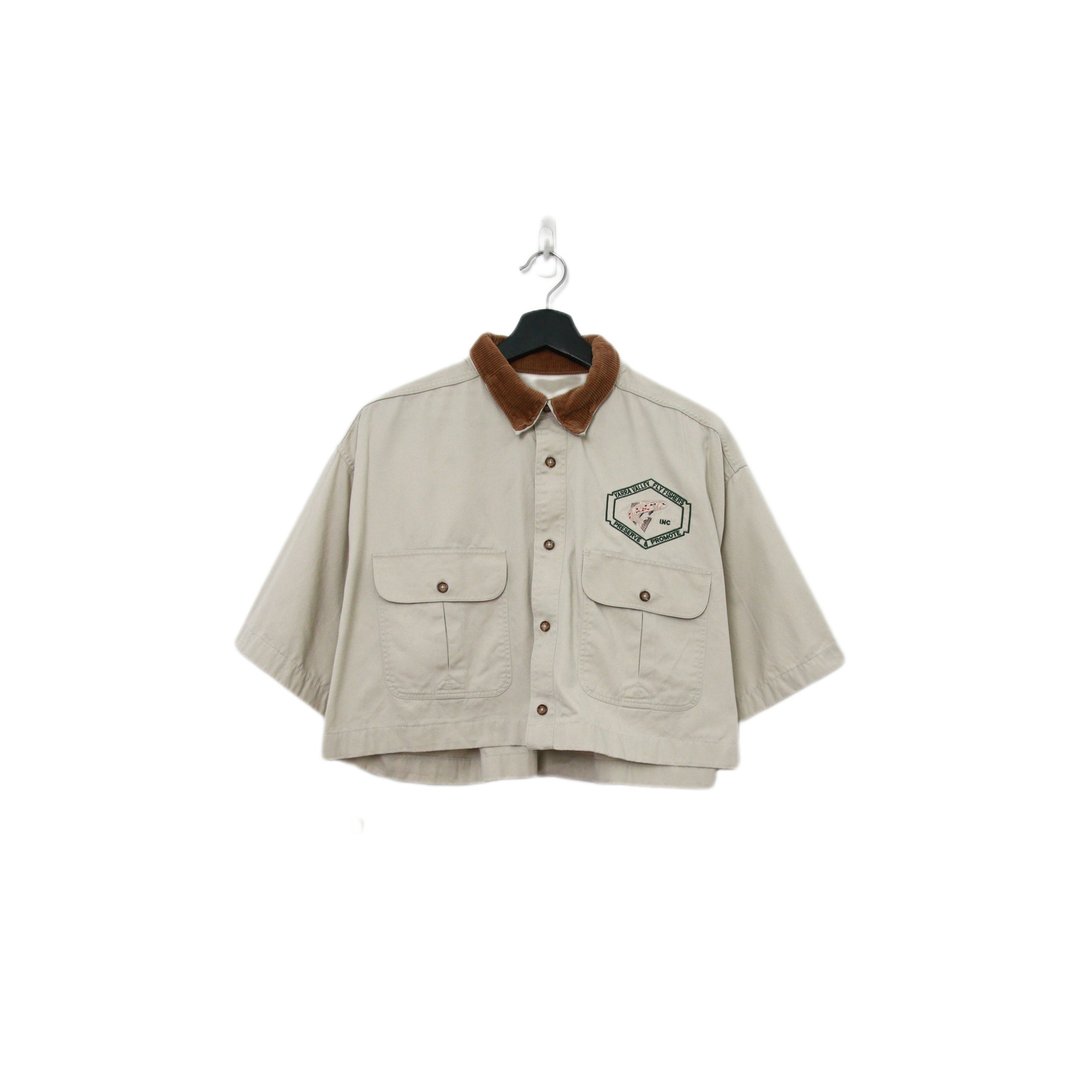 Back to Green-短版刺绣衬衫 棕灯芯绒领dv-45//vintage shirt - 女装衬衫 - 棉．麻 
