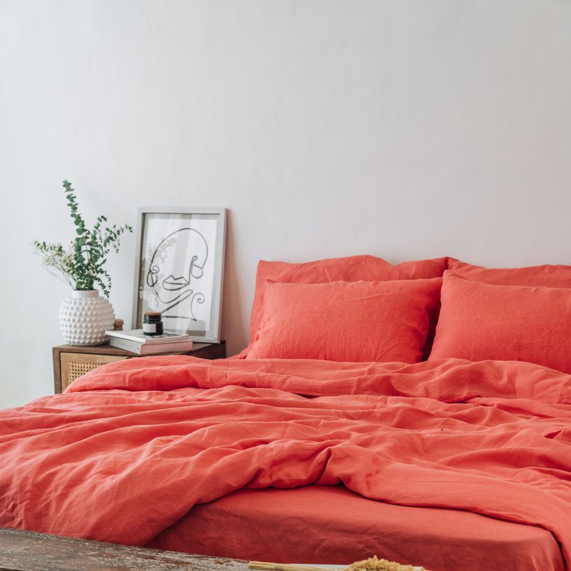Coral linen duvet cover / Softened linen / Comforter cover / Quilt cover - 寝具 - 亚麻 橘色