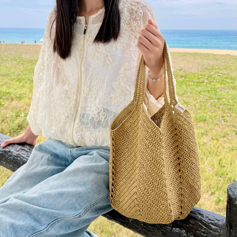 晴空之野・亚麻绿拉菲草钩织包 手提包/手提袋/托特包 - 手提包/手提袋 - 其他材质 