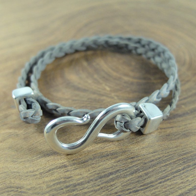 银色S扣件 平皮绳手环 双色灰编织 平皮绳 乐在手作欧洲饰品 - 手链/手环 - 真皮 灰色