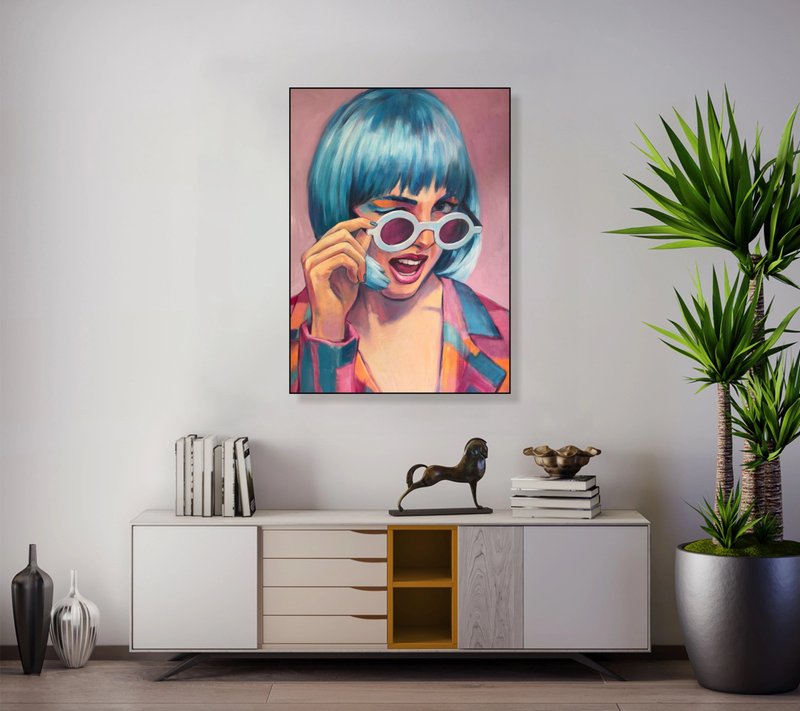 大胆普普艺术肖像画 – 彩色现代女性画作，充满活力的时尚墙面艺术 - 墙贴/壁贴 - 压克力 多色