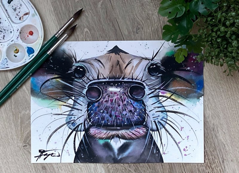 Watercolor original 8x11inches cow room decor painting by Anne Gorywine - 墙贴/壁贴 - 纸 