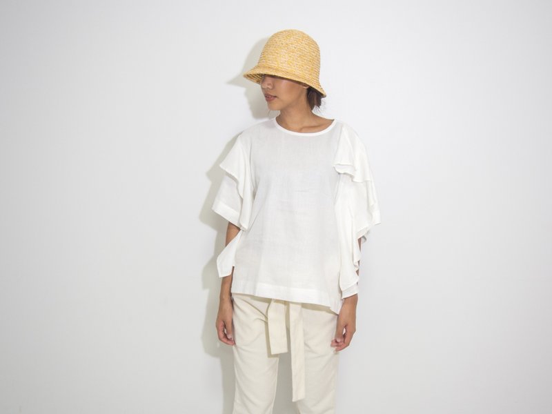 Mani Mina White Front Frill Top - 女装上衣 - 棉．麻 