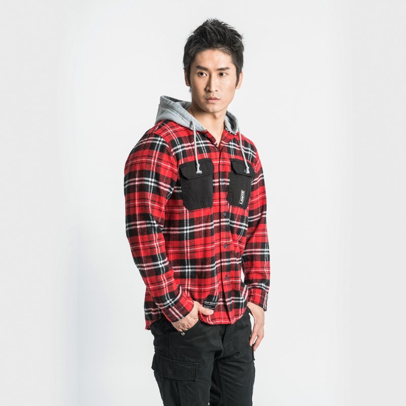 L.I.M.I.T.E - 男装磨毛格仔布连帽恤衫 - 男装衬衫 - 棉．麻 红色