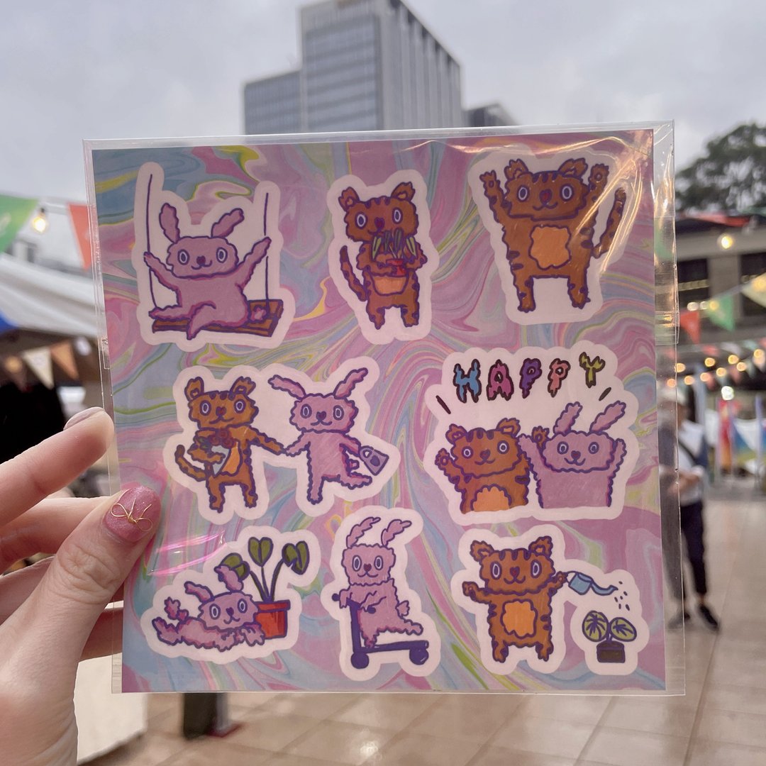 刀模贴纸 | 小兔小猫的快乐生活 - 贴纸 - 防水材质 多色