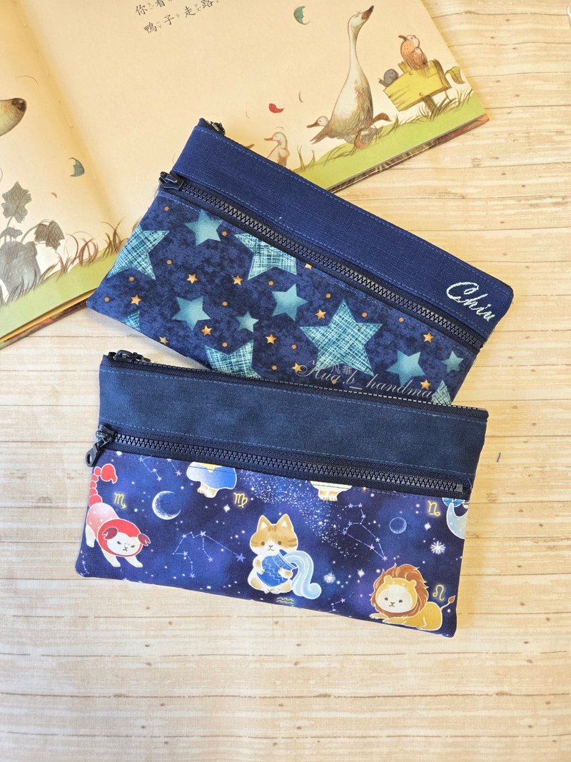 双层拉链 猫咪 星星 深蓝系列 可自选布 - 零钱包 - 棉．麻 蓝色
