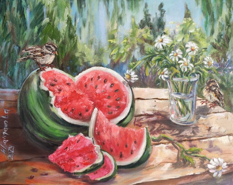 西瓜 鸟类 花卉 静物 原画 夏季 花园 风景 - 墙贴/壁贴 - 其他材质 红色