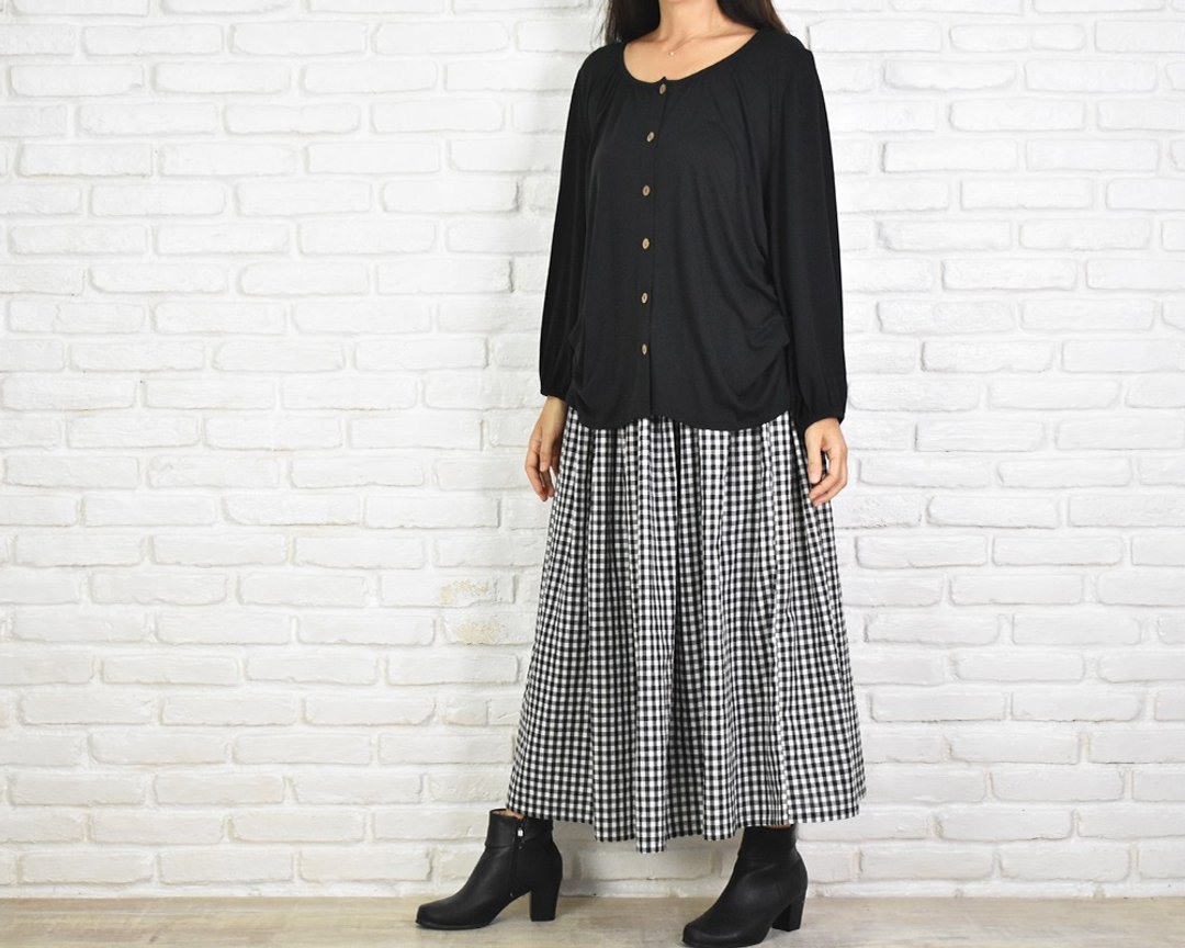 Gingham check fluffy gathered long skirt - 裙子 - 棉 黑色