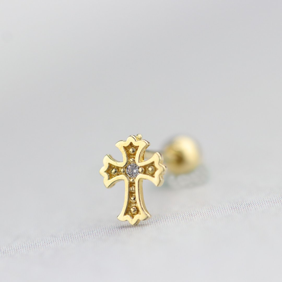14K 十字锁珠耳环(单个)耳骨 耳窝 不退色 - 耳环/耳夹 - 贵金属 金色