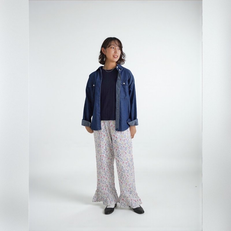 缀有荷叶边的“garland”印花棉质手工编织长裤 - 女装长裤 - 棉．麻 红色