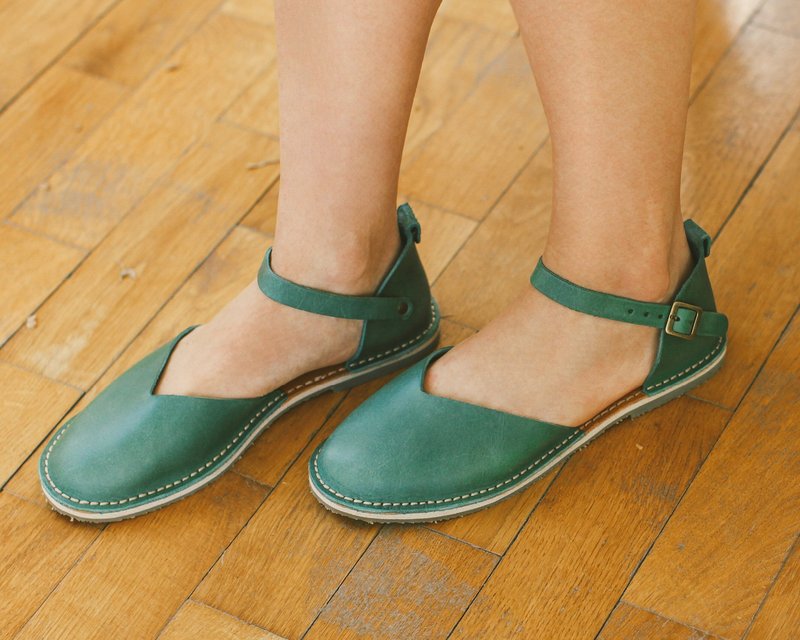 女士皮革夏季凉鞋、平底皮革凉鞋、皮革平底凉鞋 - 女款休闲鞋 - 真皮 蓝色