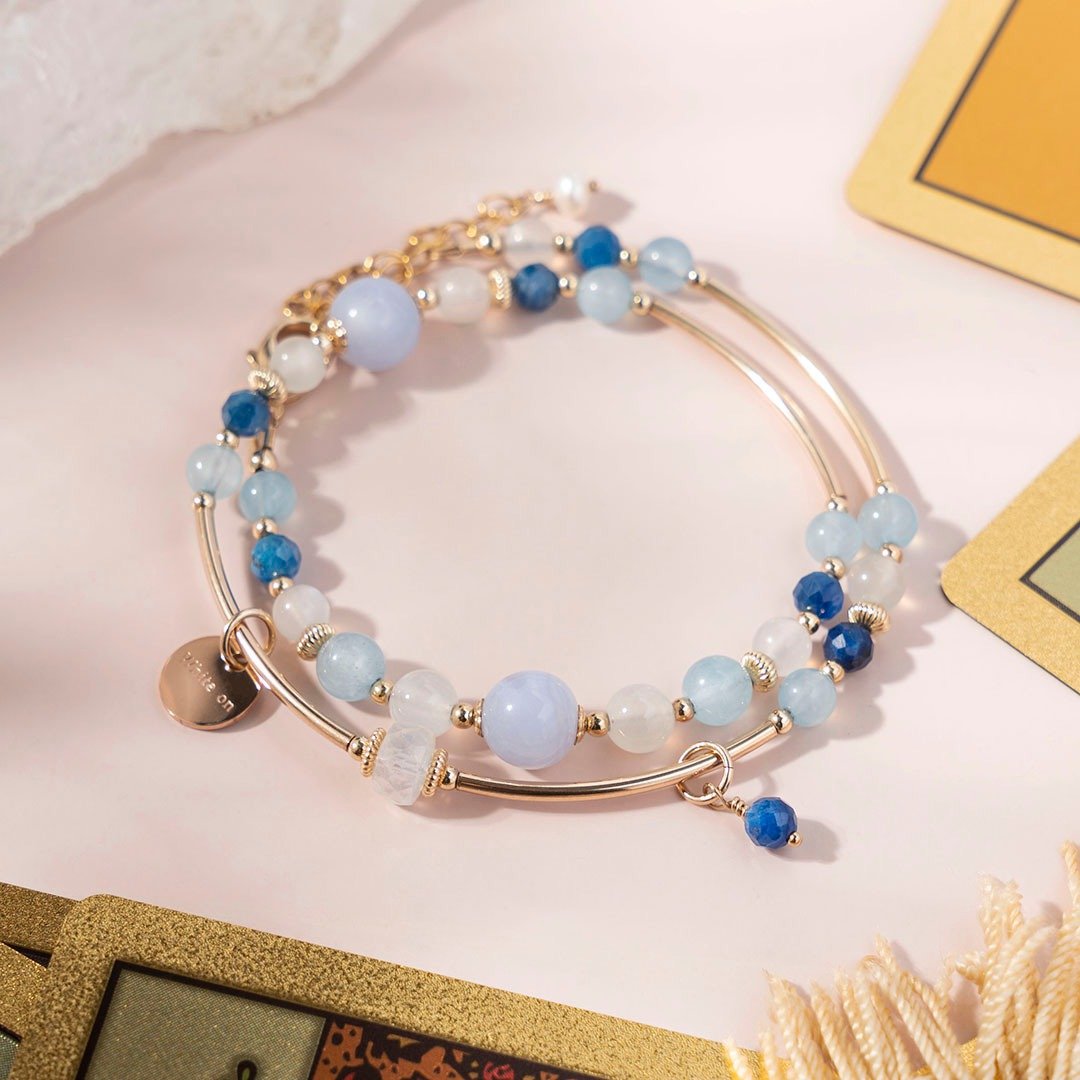 蓝纹玛瑙海蓝宝月光石 14k 包金双圈 水晶手链 礼物 - 手链/手环 - 水晶 蓝色
