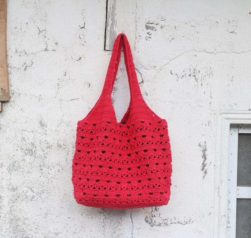 【订制】Handmade手工编织/棉绳编织手提包/购物袋/托特包 - 手提包/手提袋 - 棉．麻 红色