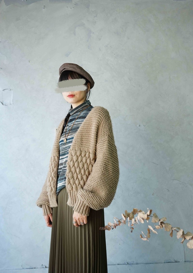 寻宝古着-球果棕立体织纹澎袖短版开襟针织外套 - 女装针织衫/毛衣 - 聚酯纤维 卡其色