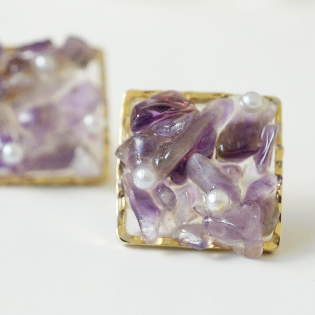 Amethyst natural stone and pearl earrings / Clip-On - 耳环/耳夹 - 石头 紫色