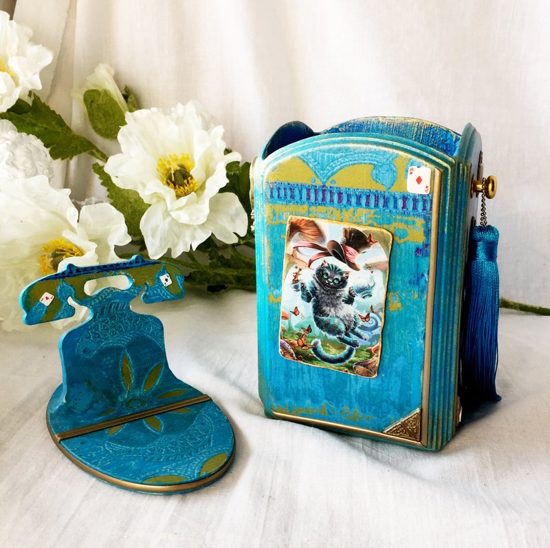 爱丽丝桌子套装，白兔笔筒，仙境手机座，红笔座 - 笔筒/笔座 - 木头 蓝色