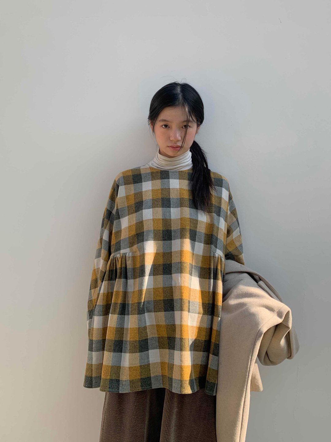 全棉磨毛黄绿格分割抽褶小上衣 - 女装上衣 - 棉 多色