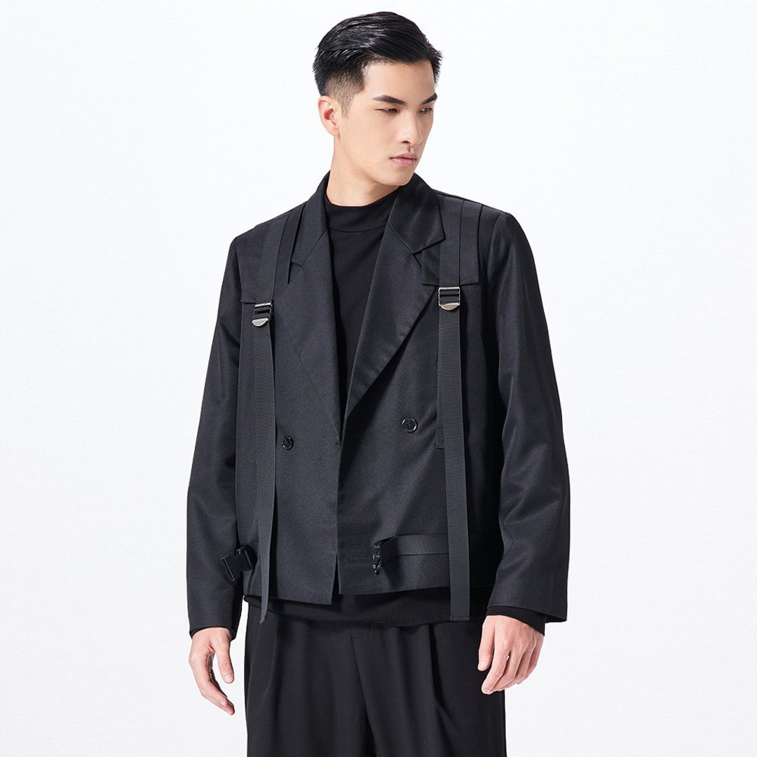 品立拼接背包绳休闲西装西服男外套 - 男装外套 - 其他材质 黑色