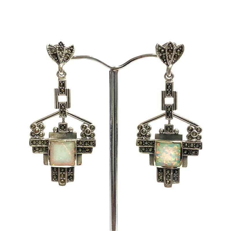 Art Deco Fine Gilson Opal and Marcasite Stone Drop Earrings 925 Sterling Silver - 耳环/耳夹 - 纯银 银色