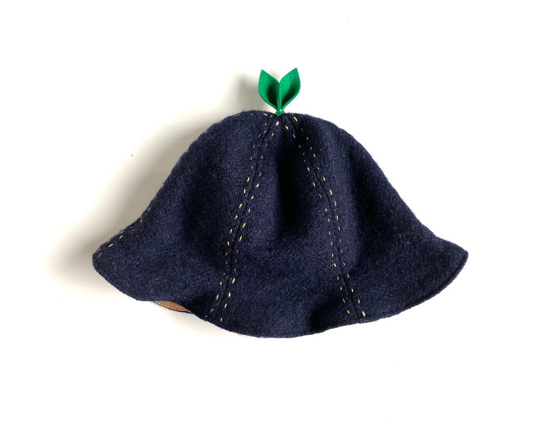 One-of-a-kind 46cm big that wool leaf hat navy floral pattern - 婴儿帽/发带 - 羊毛 蓝色