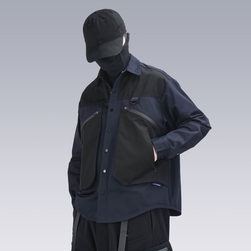 机能解构工装翻领外套 长袖多口袋宽松衬衣 拼接休闲衬衫 - 男装衬衫 - 聚酯纤维 黑色