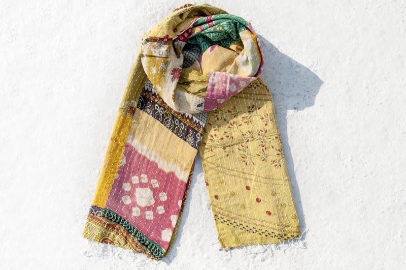 手缝纱丽布拼接丝巾/刺绣丝巾/刺绣围巾/手缝纱丽线丝巾-波希米亚 - 丝巾 - 棉．麻 多色