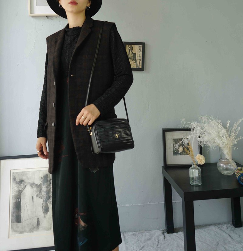 寻宝古着-暗红色织纹中性长版毛料西装背心 - 女装西装外套/风衣 - 羊毛 黑色