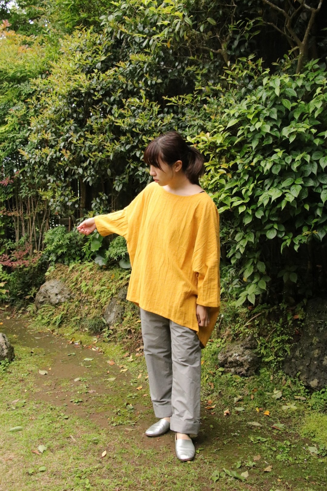 亚麻&棉  dropped shoulder 套头衫 (黄色) - 女装上衣 - 棉 黄色