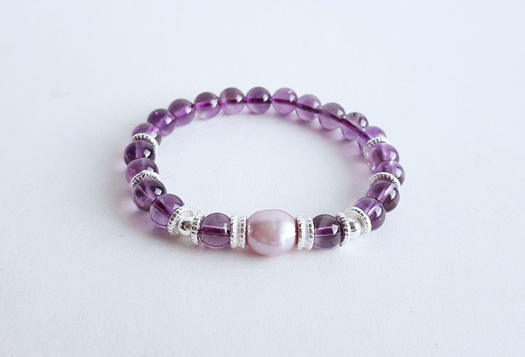 宝石系 智慧女神 天然矿石 紫水晶 淡紫色珍珠 925纯银 手链 - 手链/手环 - 宝石 紫色