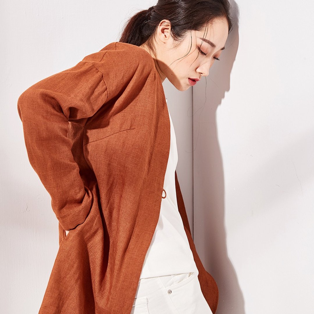 爱尔兰麻 和风外套_茶红色 - 女装休闲/机能外套 - 棉．麻 红色