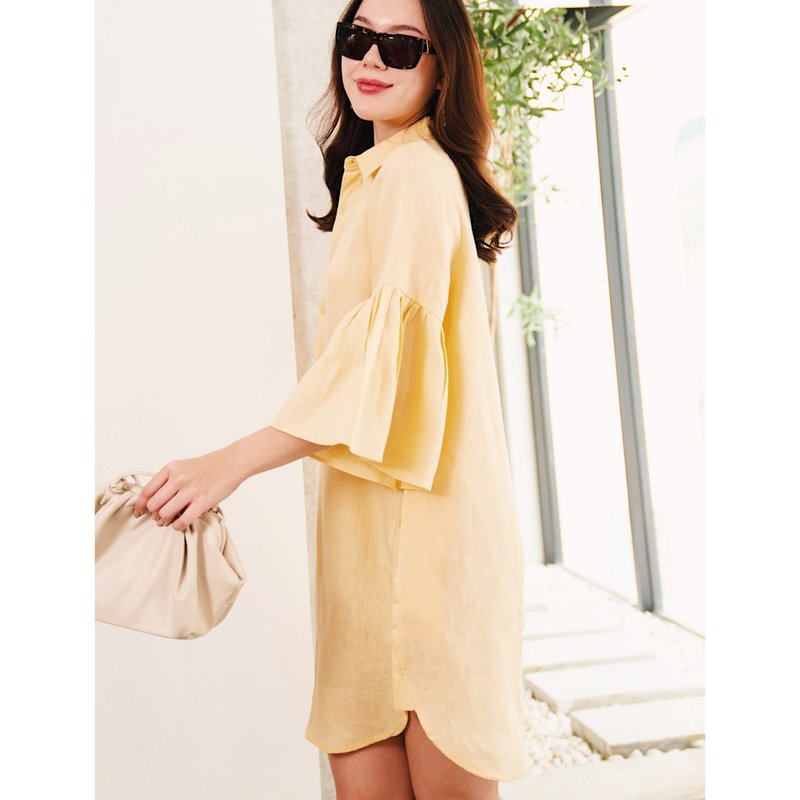 喇叭袖衬衫连衣裙 : 黄色 - 洋装/连衣裙 - 棉．麻 黄色