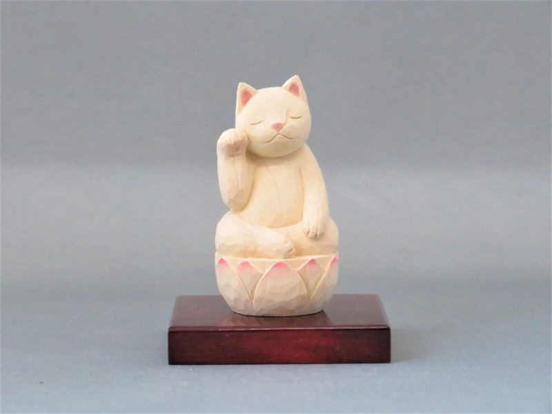 佛系猫咪 右手招财猫 木雕 2003 - 玩偶/公仔 - 木头 白色