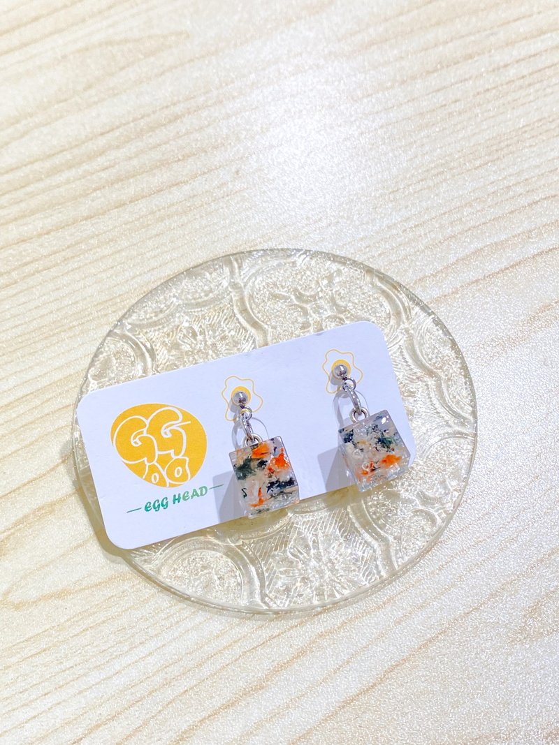 橘黑方形永生花手作耳环 - 耳环/耳夹 - 不锈钢 