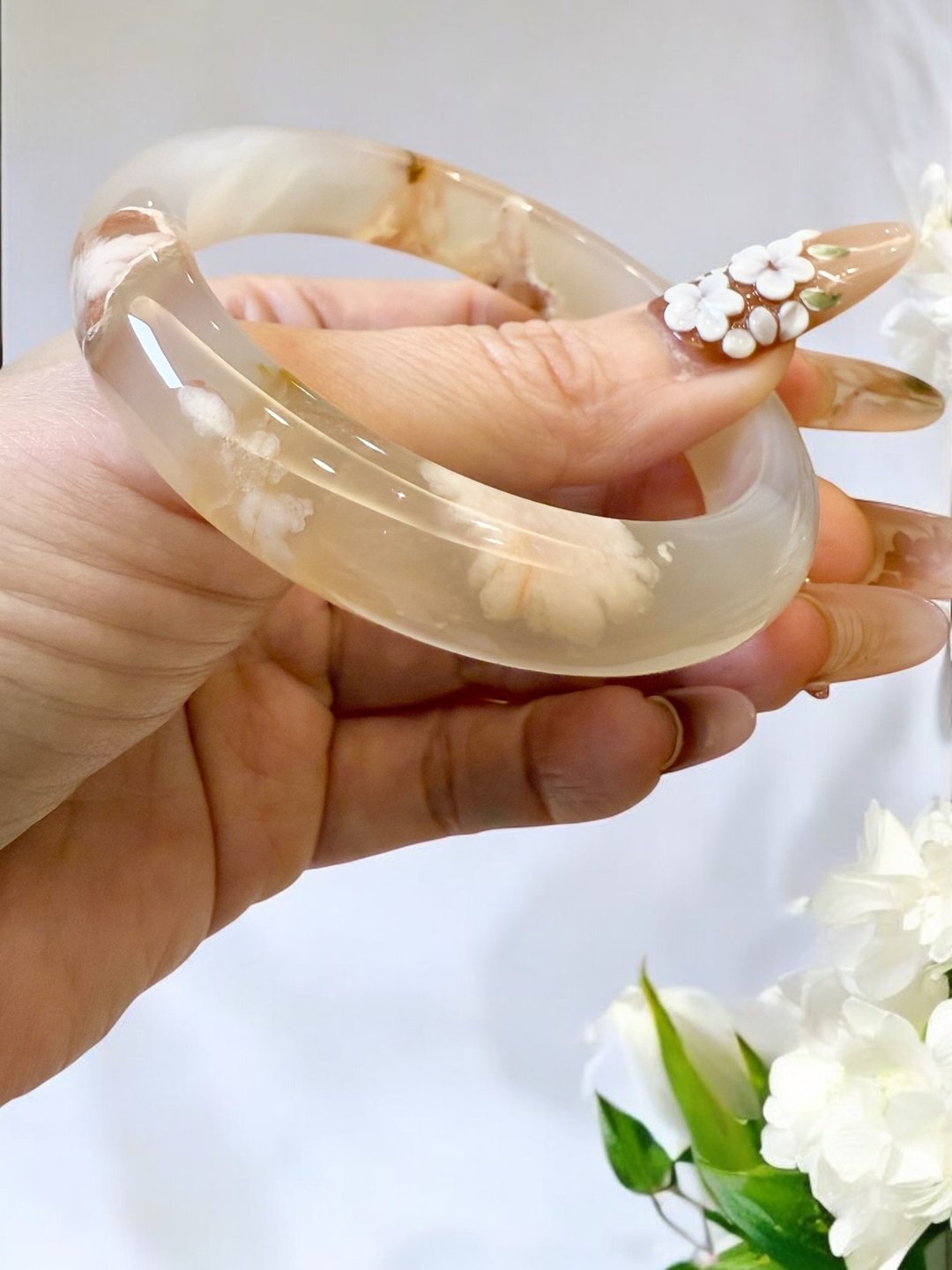 樱花玛瑙手镯 玛瑙手镯水中炸粉花红勾边花成形花正圈55/56 - 手链/手环 - 玉石 