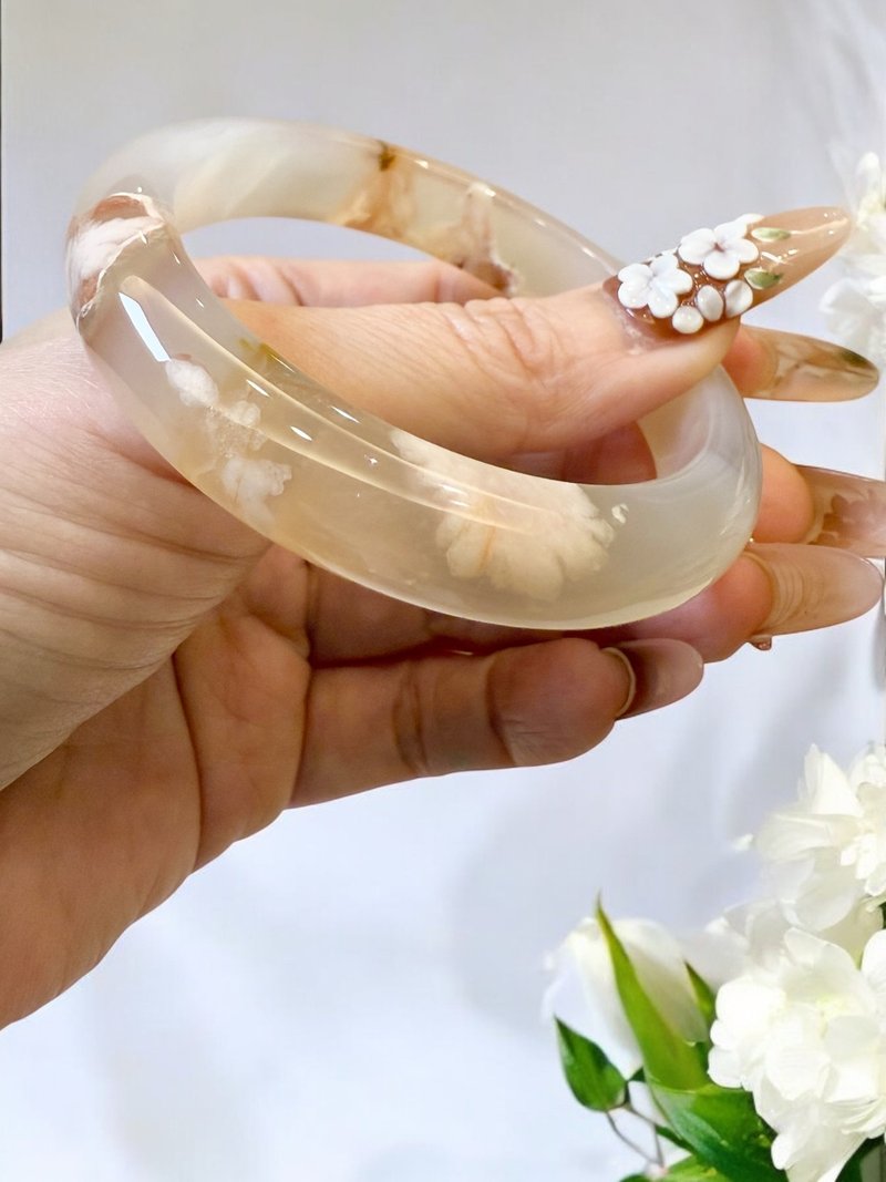樱花玛瑙手镯 玛瑙手镯水中炸粉花红勾边花成形花正圈55/56 - 手链/手环 - 玉石 